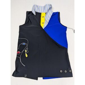 NWT Swingdish Womens Sleeveless Golf Top Black Blue Yellow Line Art Face Small